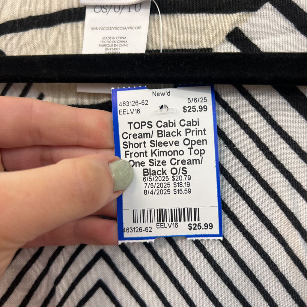 Cabi Cream/ Black Print Short Sleeve Open Front Kimono Top One Size