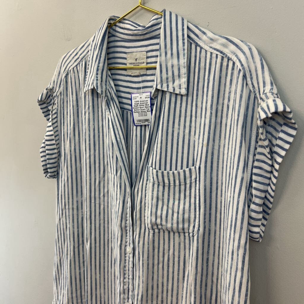 American Eagle White/ Blue Striped Short Sleeve Button Down Top Medium