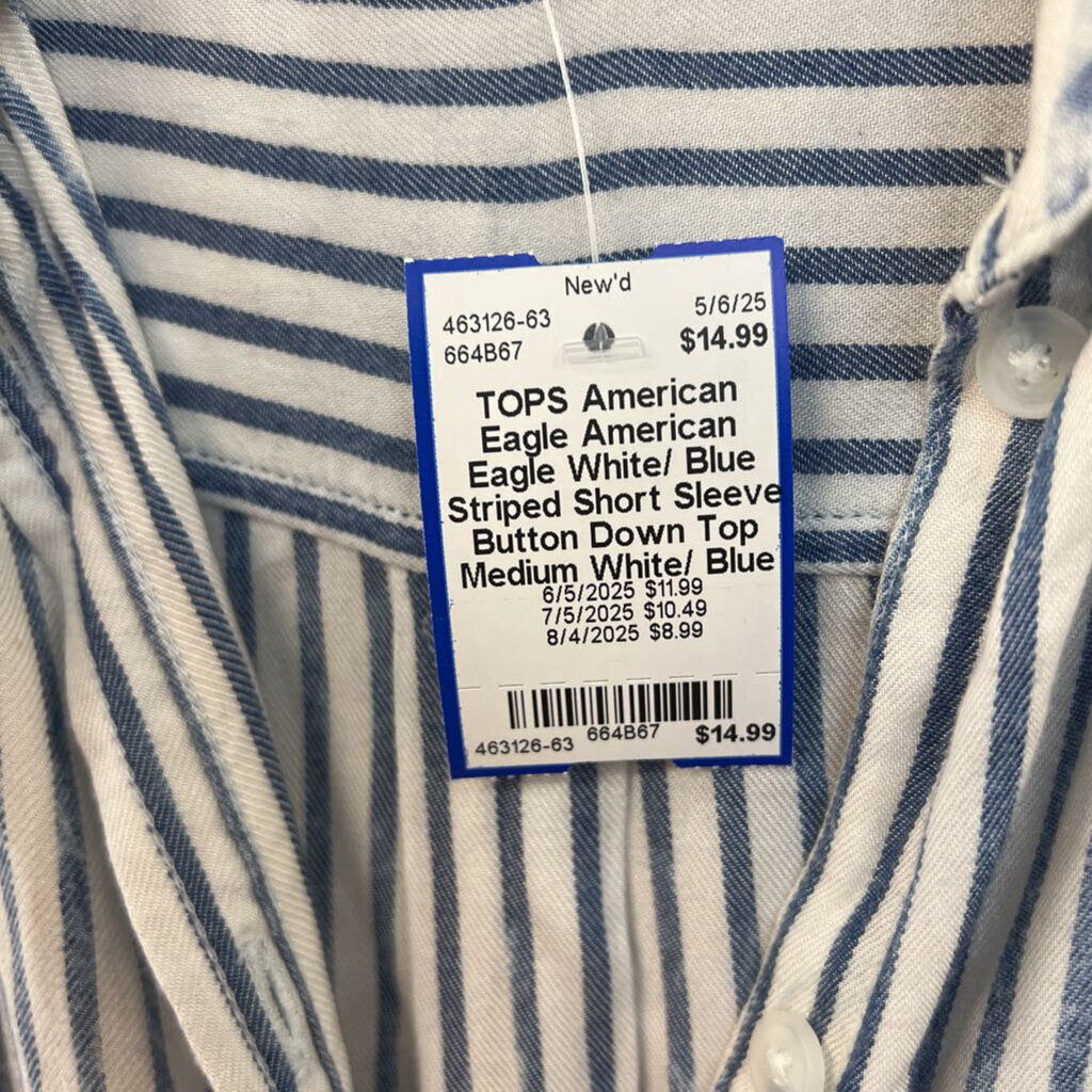 American Eagle White/ Blue Striped Short Sleeve Button Down Top Medium