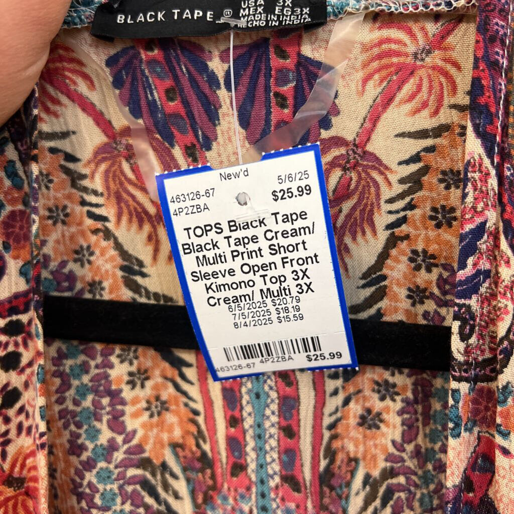Black Tape Cream/ Multi Print Short Sleeve Open Front Kimono Top 3X