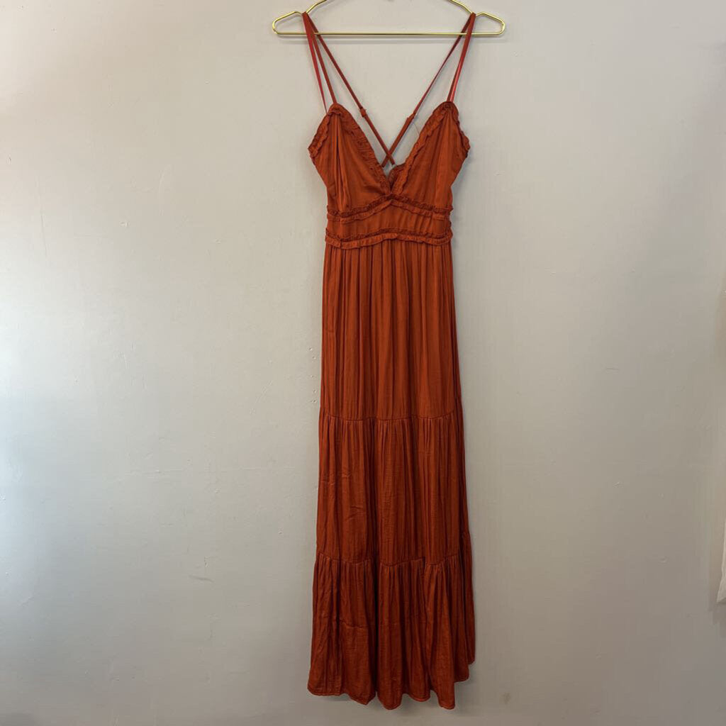 She and Sky Burnt Orange Silky Maxi Dress Small