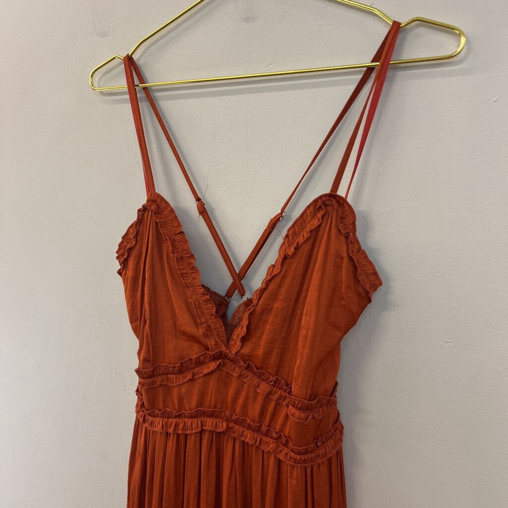 She and Sky Burnt Orange Silky Maxi Dress Small