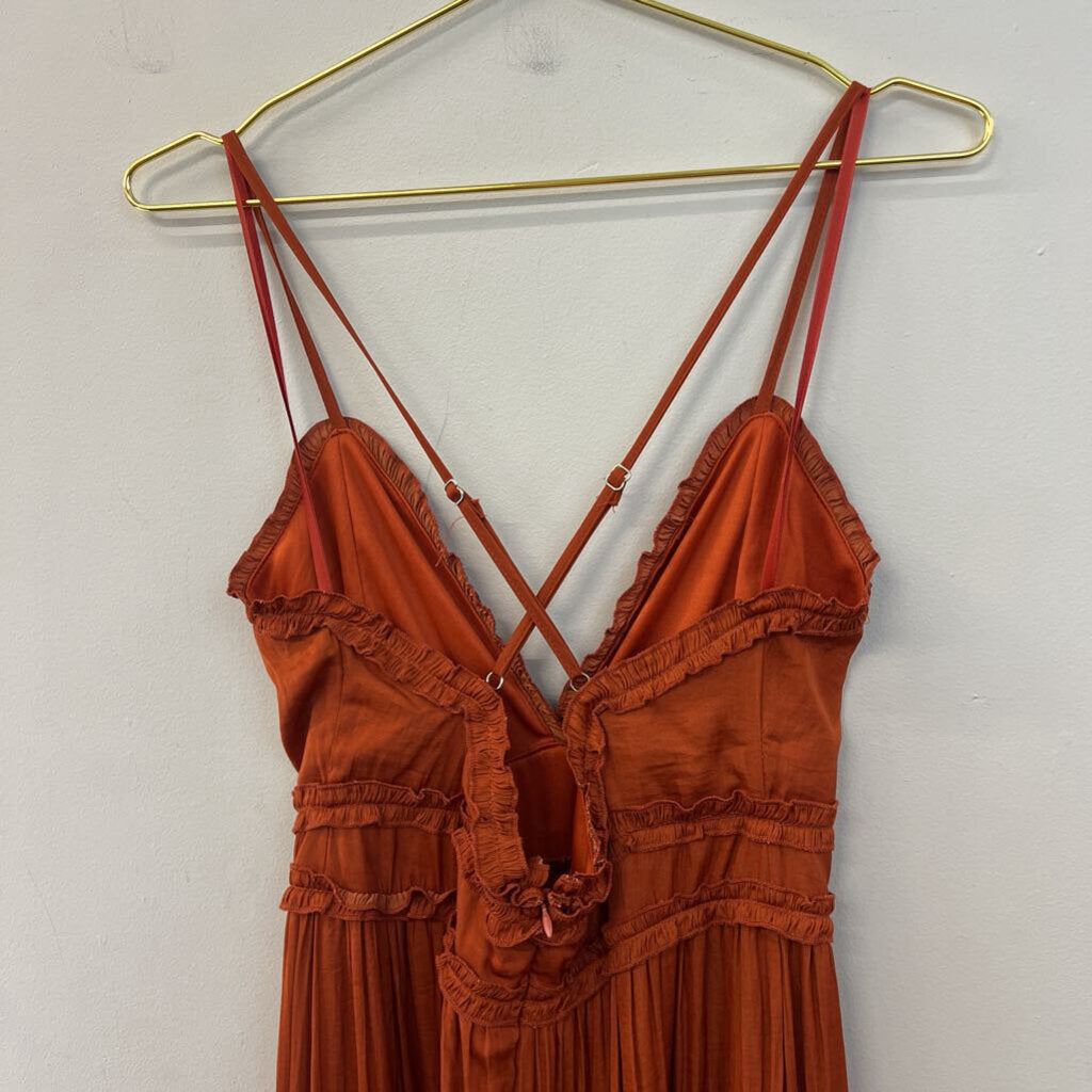 She and Sky Burnt Orange Silky Maxi Dress Small