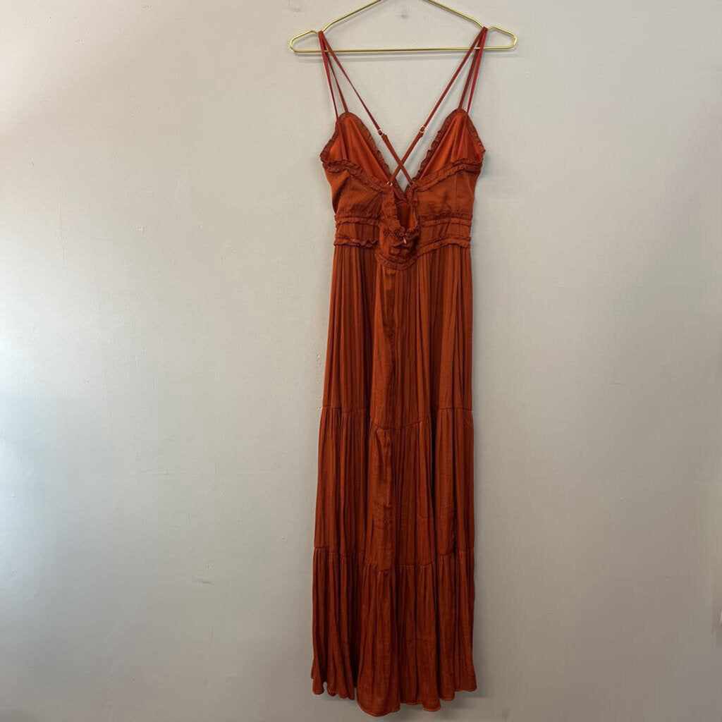 She and Sky Burnt Orange Silky Maxi Dress Small