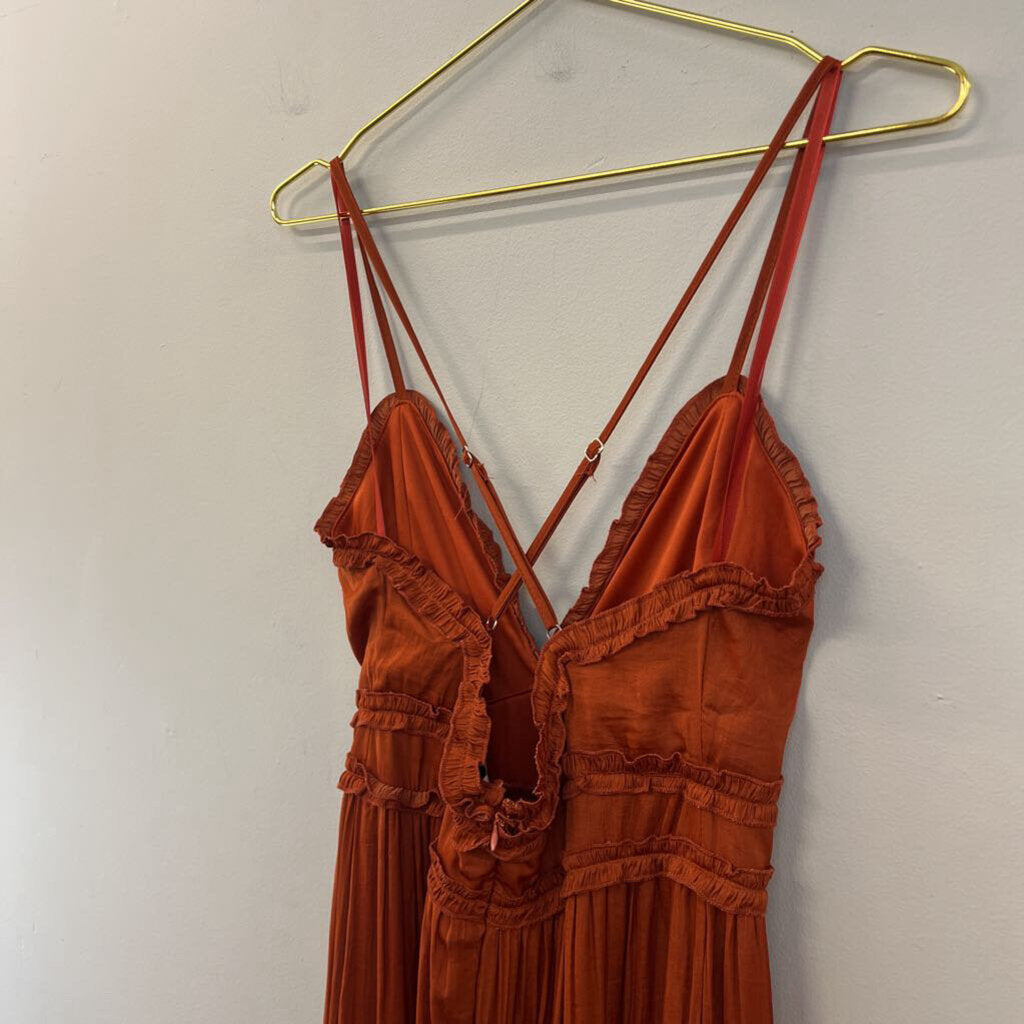 She and Sky Burnt Orange Silky Maxi Dress Small