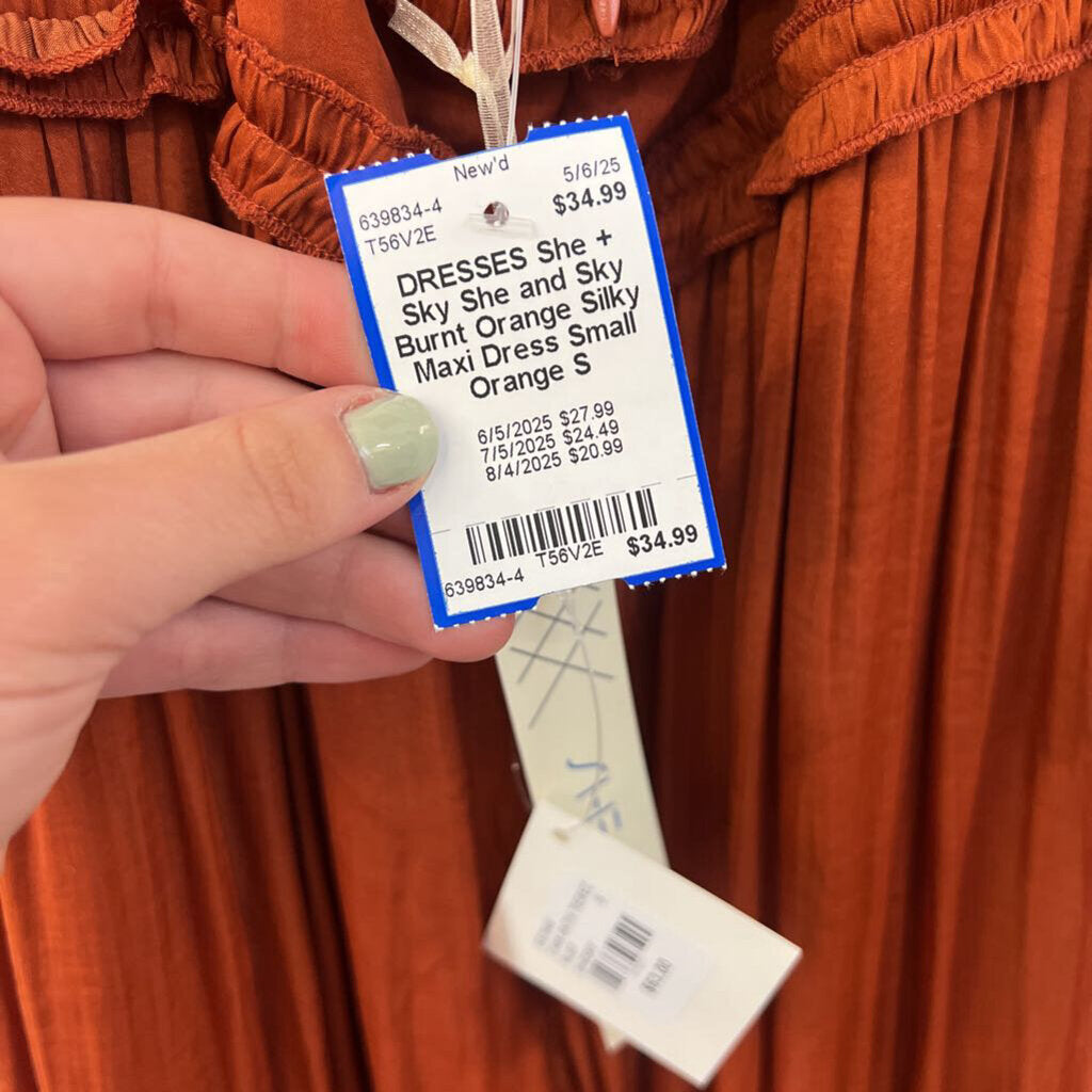 She and Sky Burnt Orange Silky Maxi Dress Small