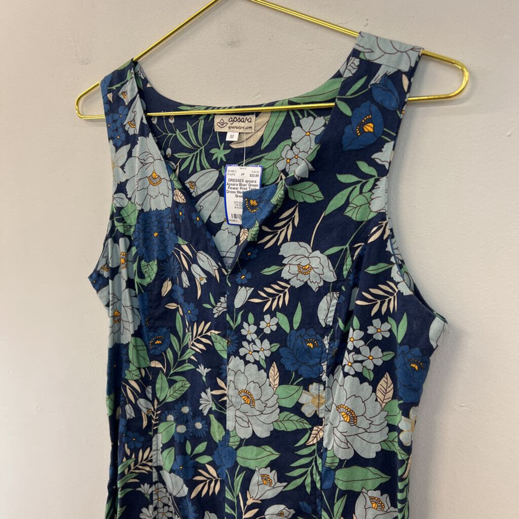 Apsara Blue/ Green Flower Print Tank Dress Medium