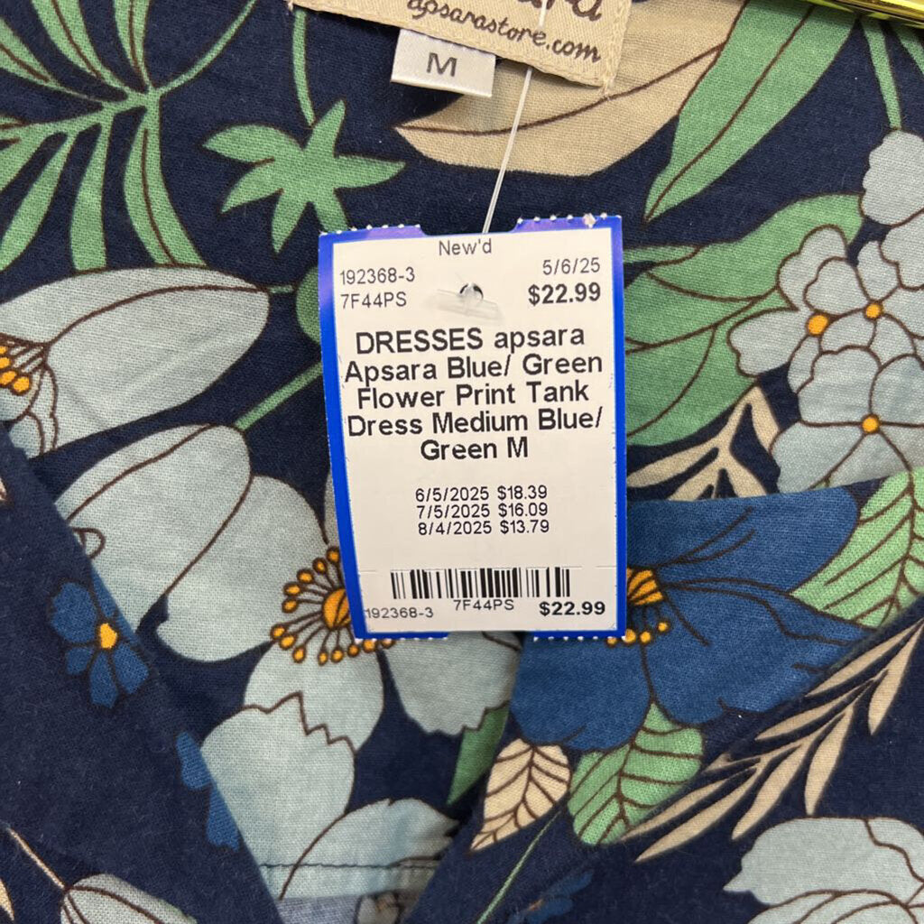 Apsara Blue/ Green Flower Print Tank Dress Medium