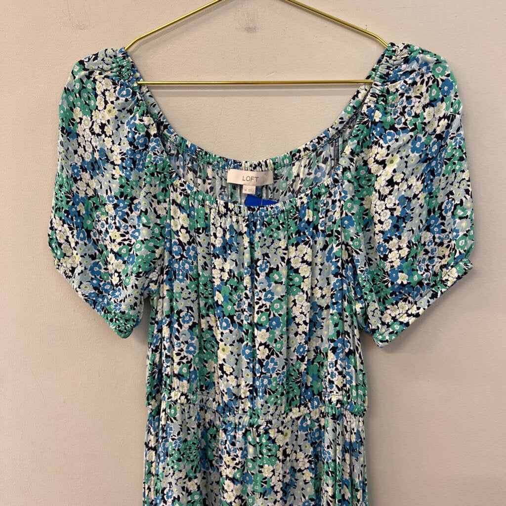 Loft Blue/ Green Flower Print Short Puff Sleeve Maxi Dress Medium