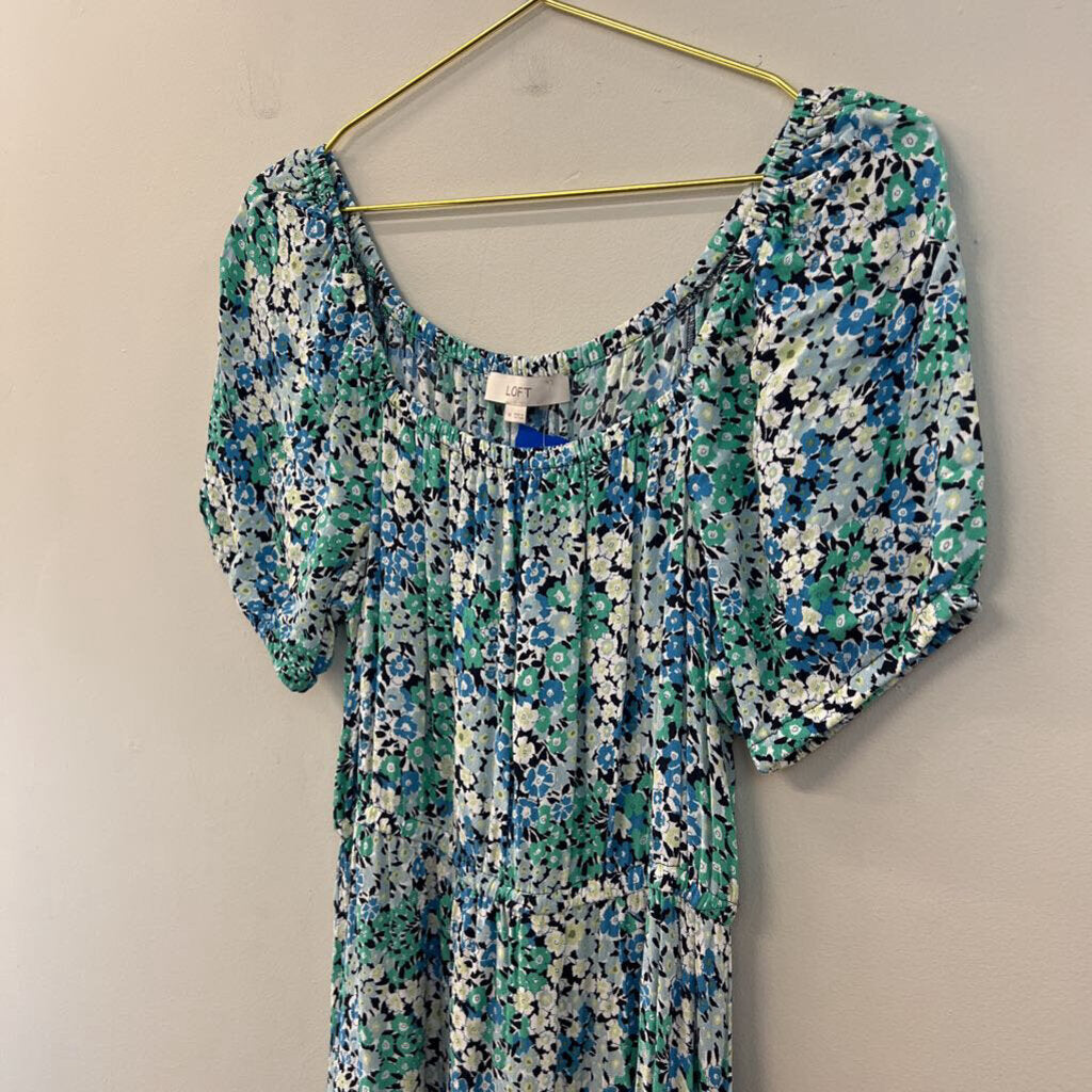 Loft Blue/ Green Flower Print Short Puff Sleeve Maxi Dress Medium