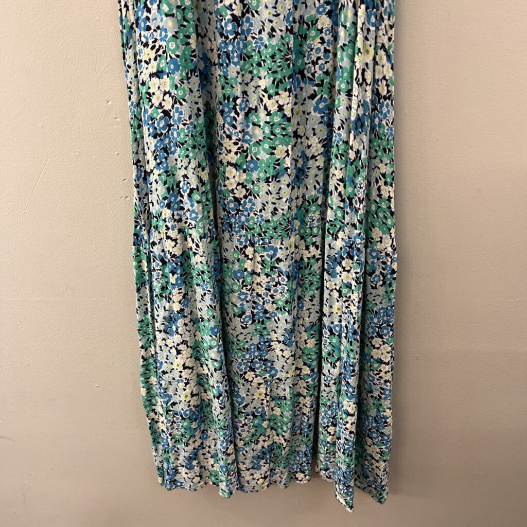 Loft Blue/ Green Flower Print Short Puff Sleeve Maxi Dress Medium