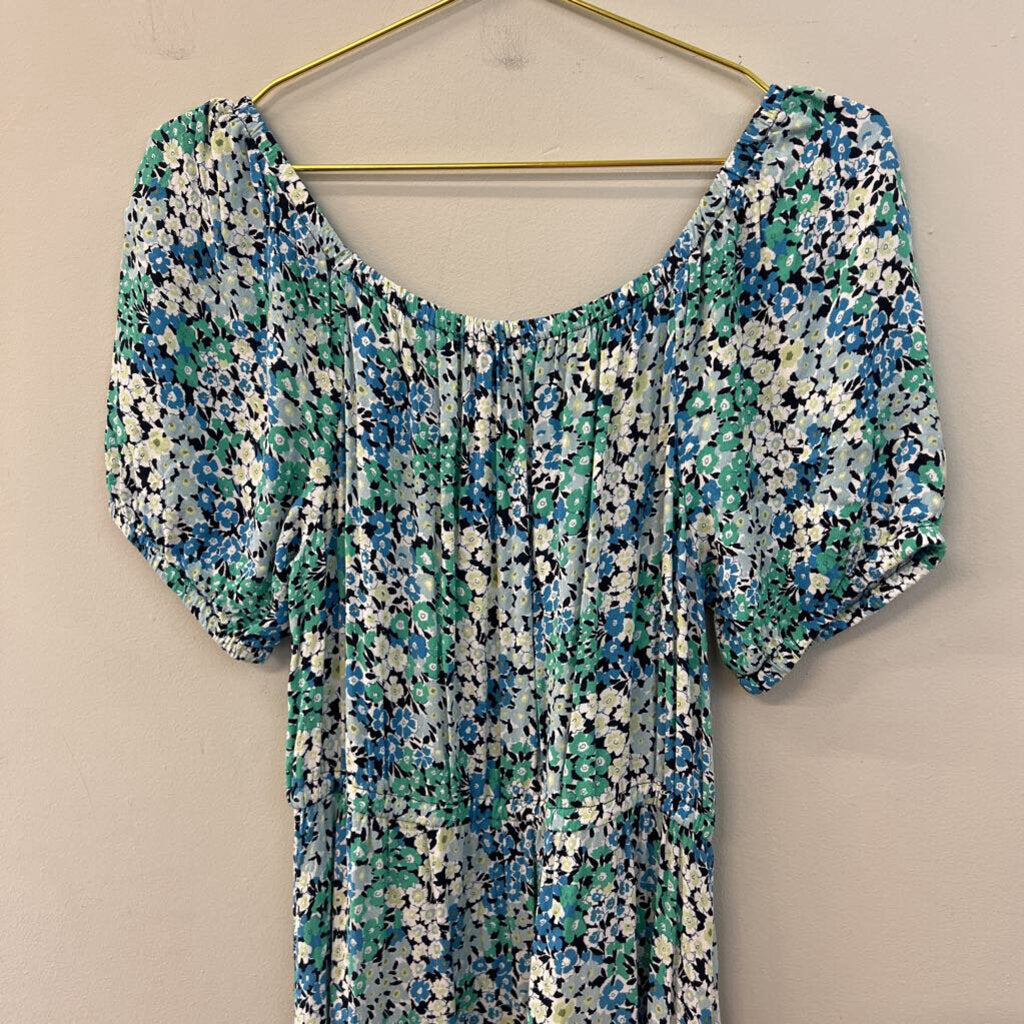 Loft Blue/ Green Flower Print Short Puff Sleeve Maxi Dress Medium