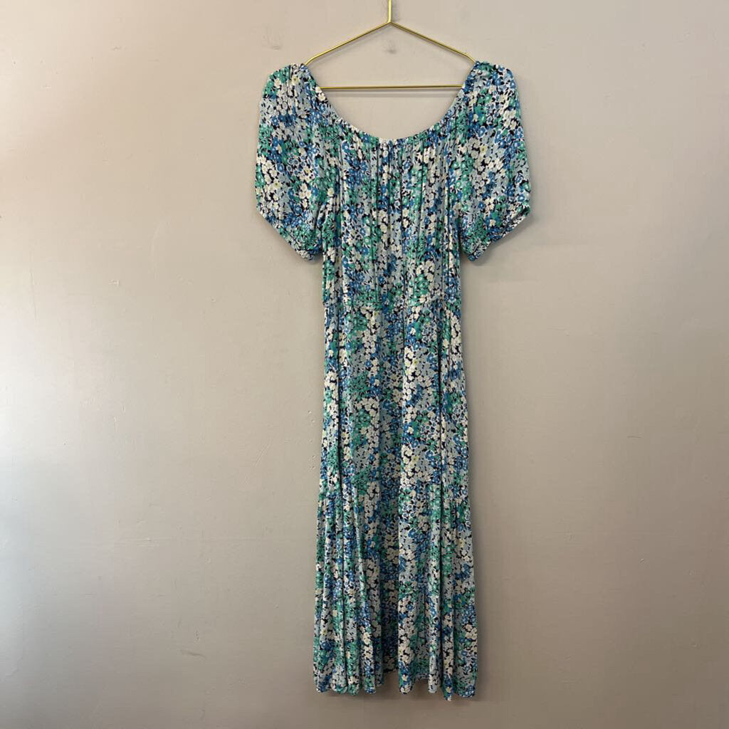 Loft Blue/ Green Flower Print Short Puff Sleeve Maxi Dress Medium
