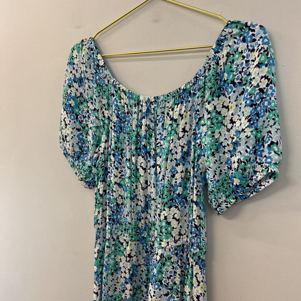 Loft Blue/ Green Flower Print Short Puff Sleeve Maxi Dress Medium
