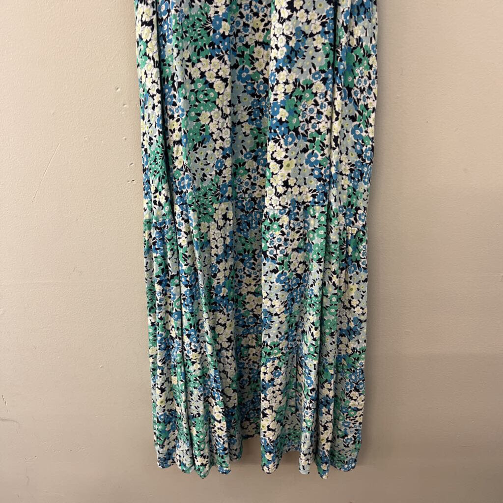 Loft Blue/ Green Flower Print Short Puff Sleeve Maxi Dress Medium