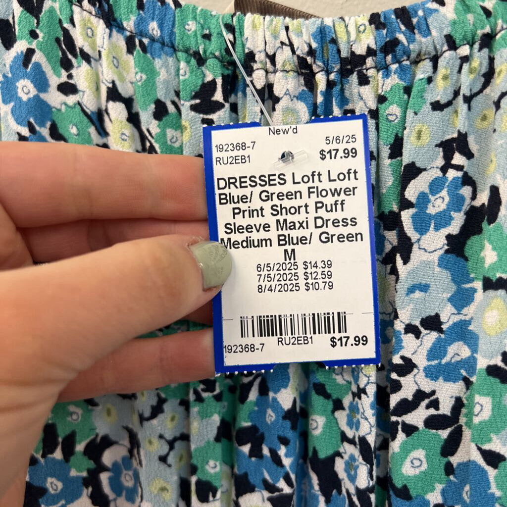 Loft Blue/ Green Flower Print Short Puff Sleeve Maxi Dress Medium