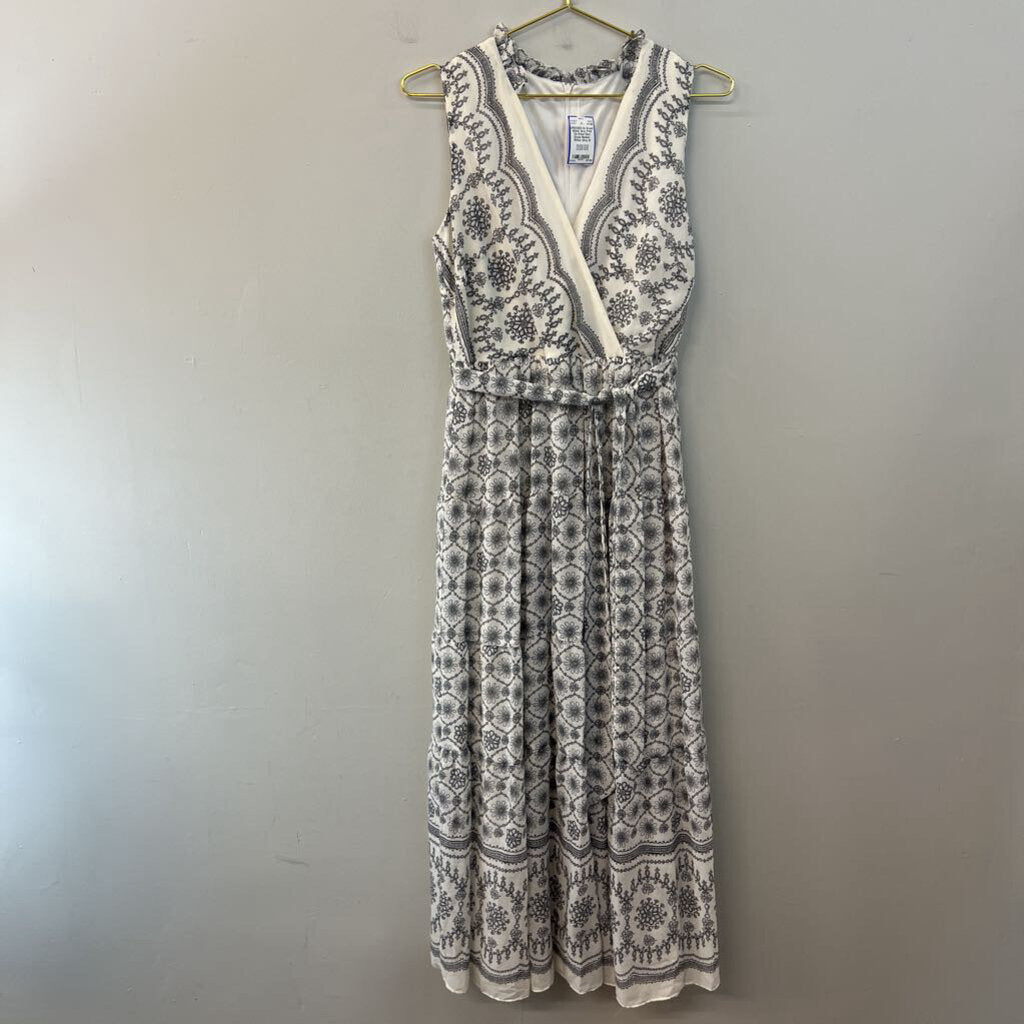 White/ Grey Print Tie Waist Maxi Dress Medium