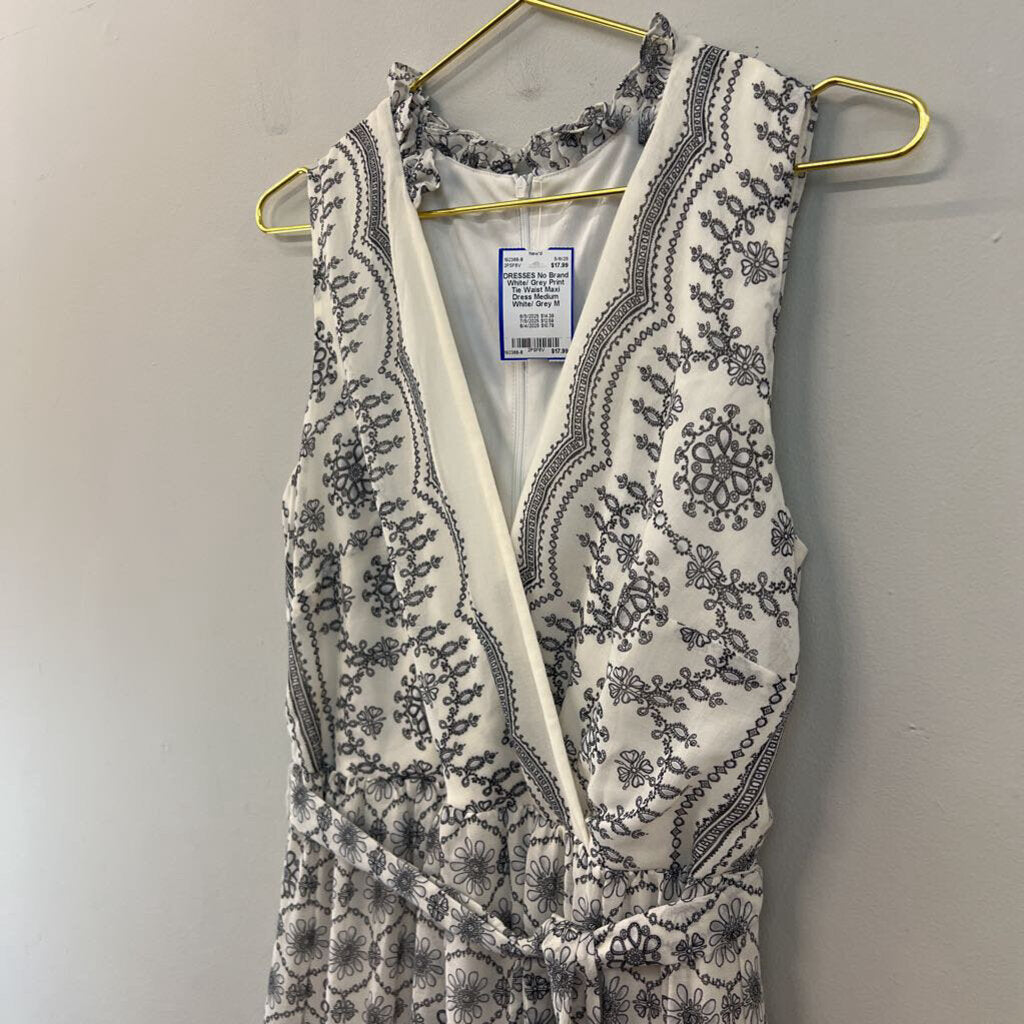 White/ Grey Print Tie Waist Maxi Dress Medium