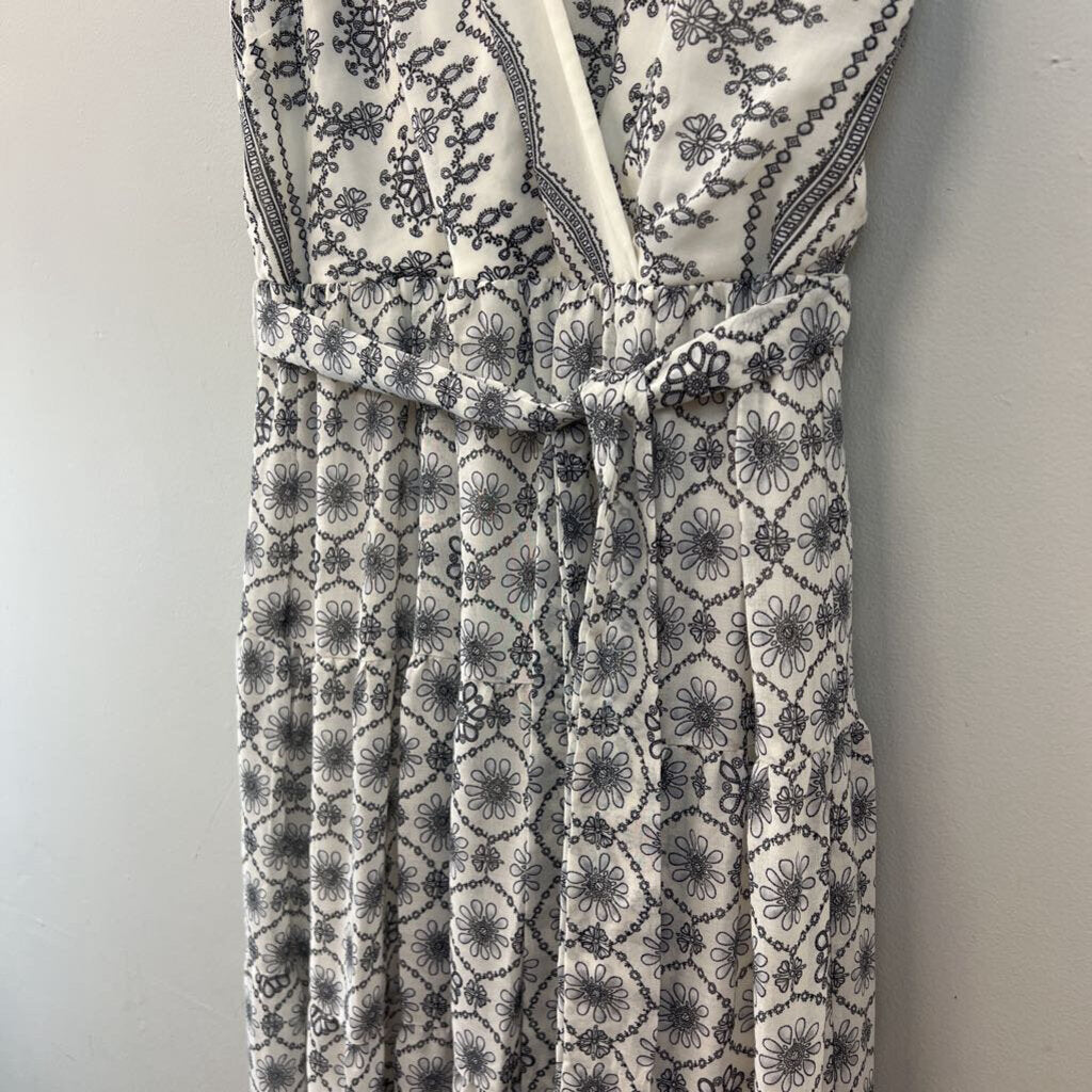 White/ Grey Print Tie Waist Maxi Dress Medium