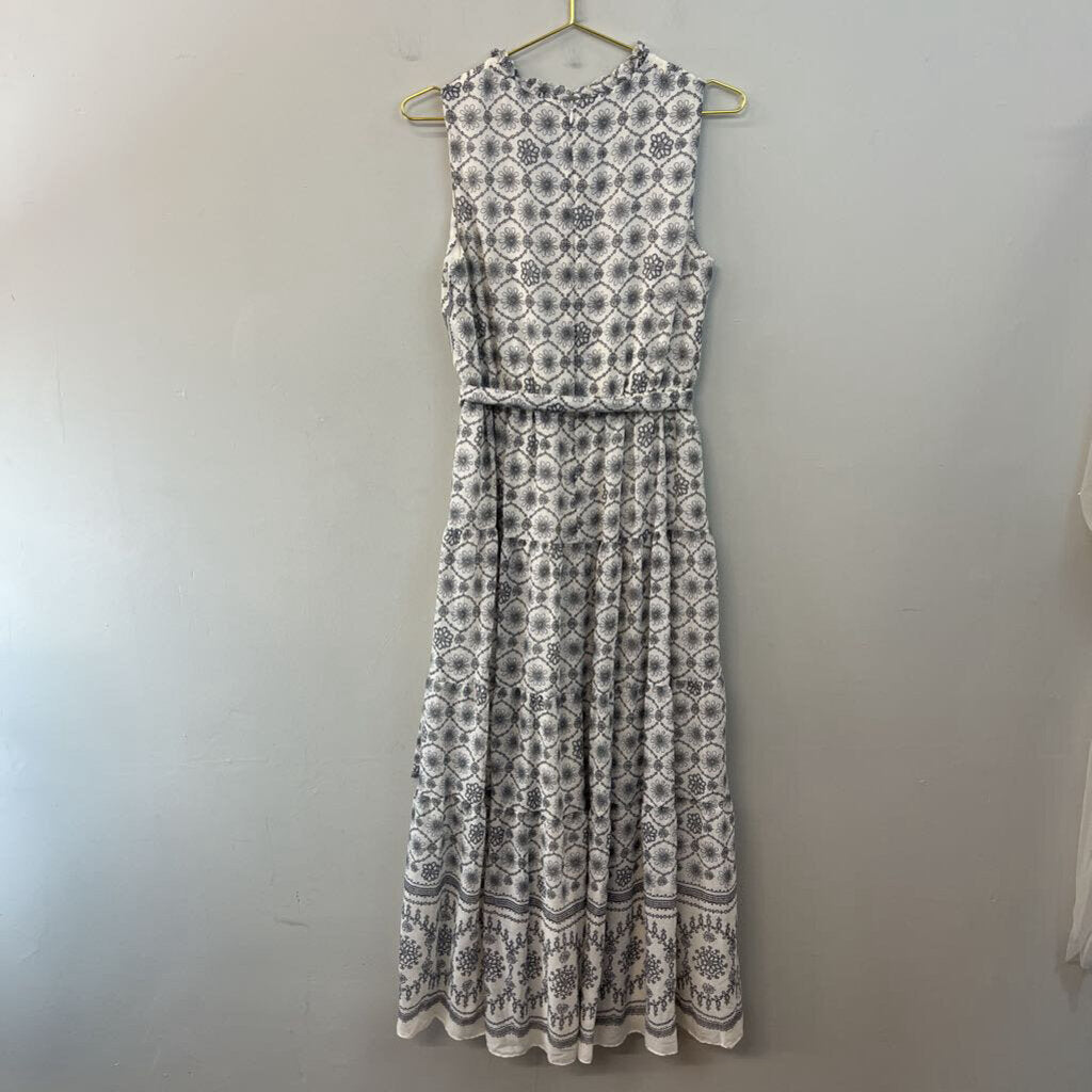 White/ Grey Print Tie Waist Maxi Dress Medium