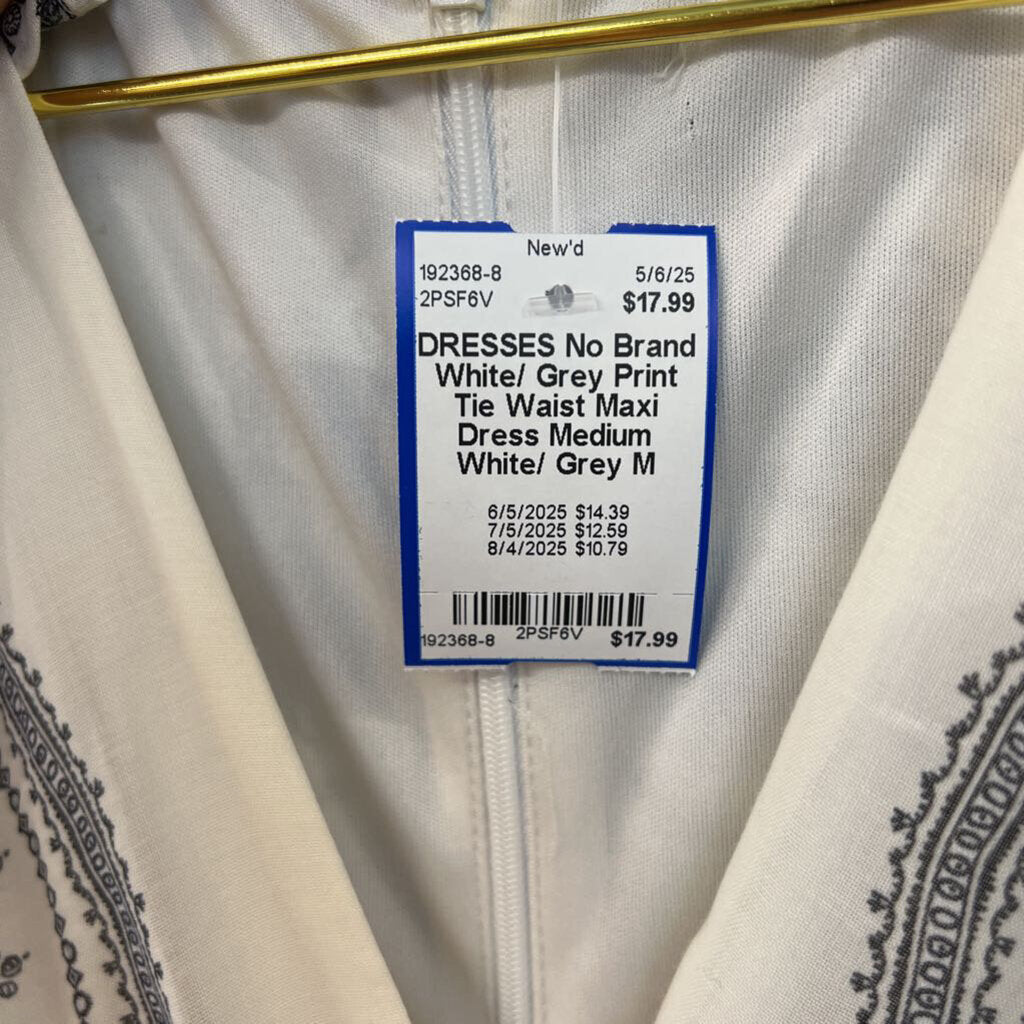 White/ Grey Print Tie Waist Maxi Dress Medium