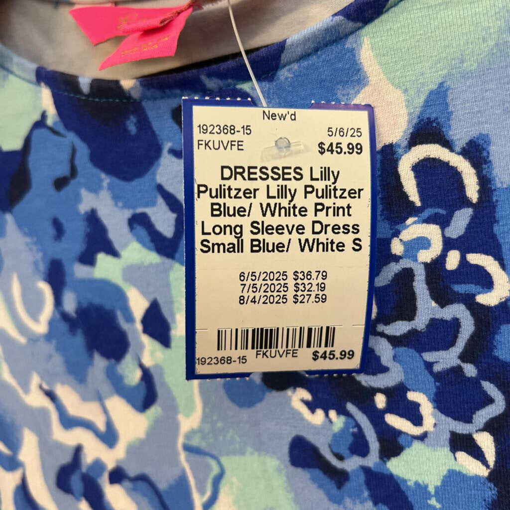 Lilly Pulitzer Blue/ White Print Long Sleeve Dress Small