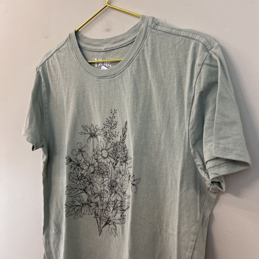 Doe Blue/ Black Flower Print Short Sleeve Graphic Tee Large