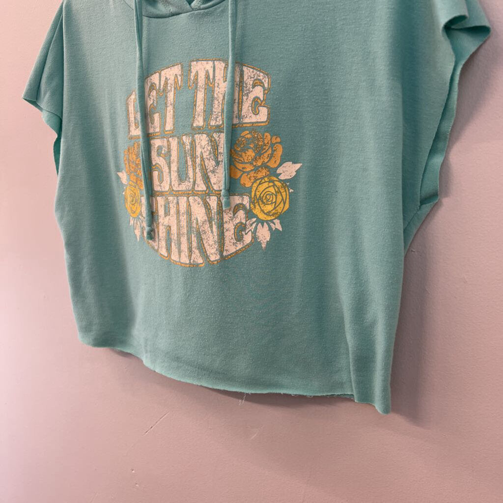 Altar'd State Blue/ Yellow Let The Sun Shine Short Sleeve Hooded Pullover Top Small