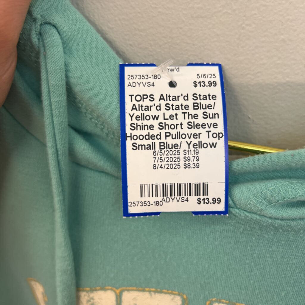 Altar'd State Blue/ Yellow Let The Sun Shine Short Sleeve Hooded Pullover Top Small