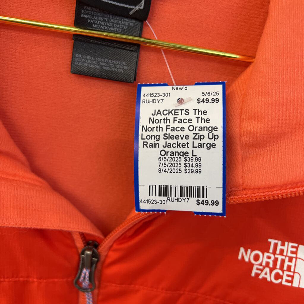 The North Face Orange Long Sleeve Zip Up Rain Jacket Large