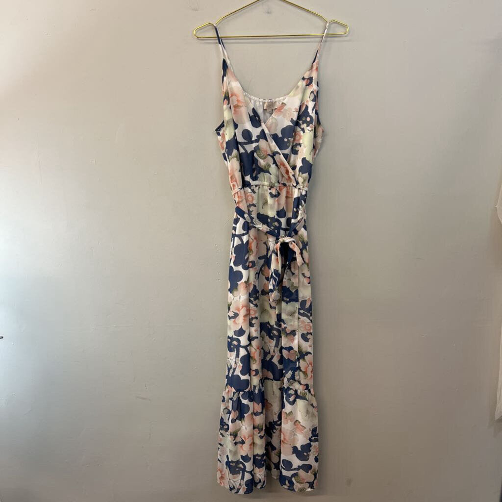 Loft Blue/ Multi Flower Print Tie Waist Maxi Dress Large