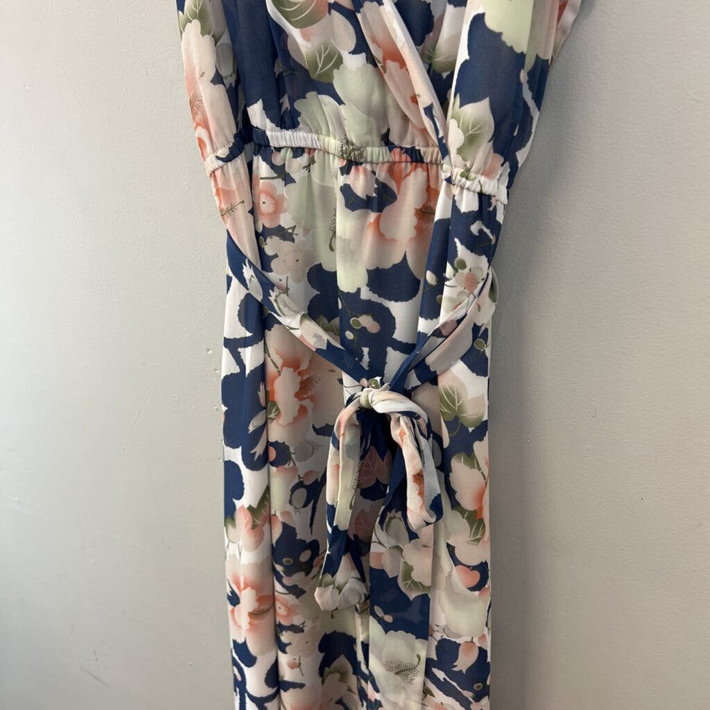 Loft Blue/ Multi Flower Print Tie Waist Maxi Dress Large