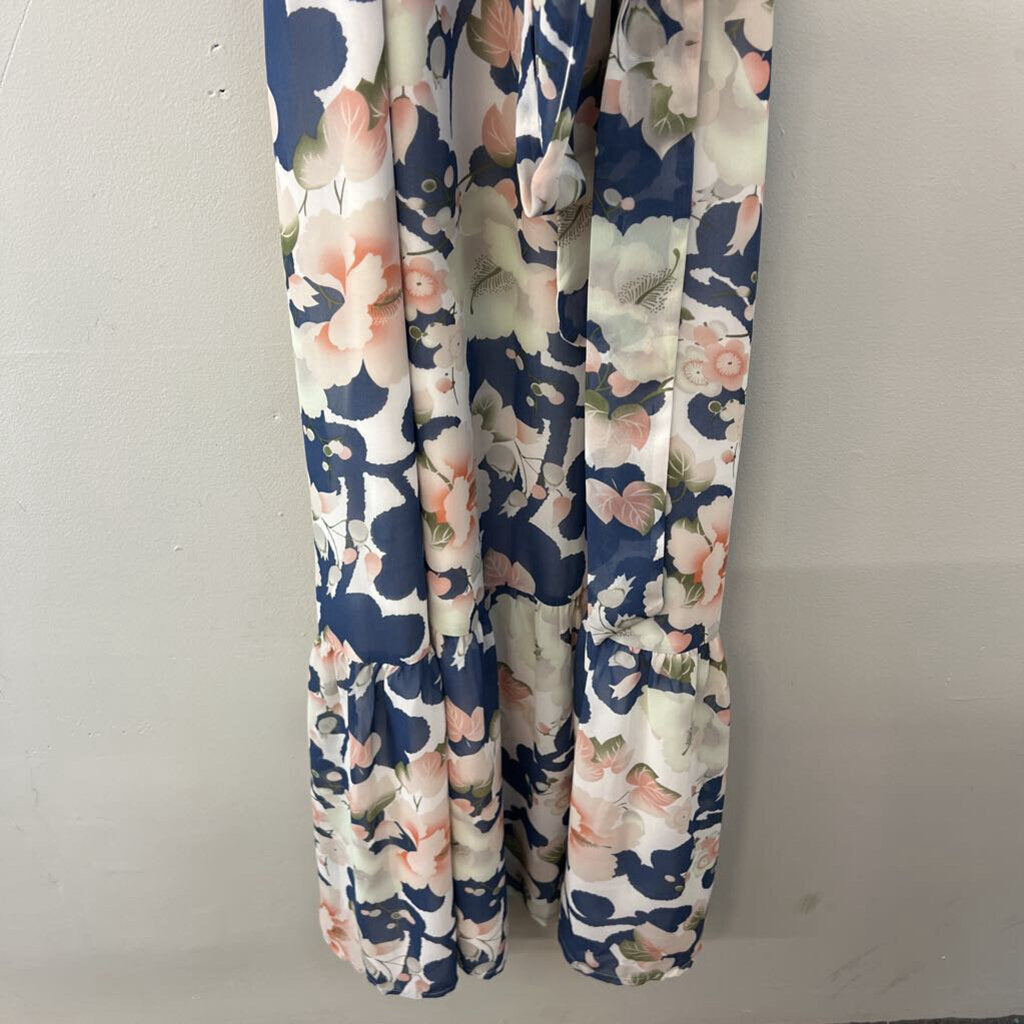 Loft Blue/ Multi Flower Print Tie Waist Maxi Dress Large