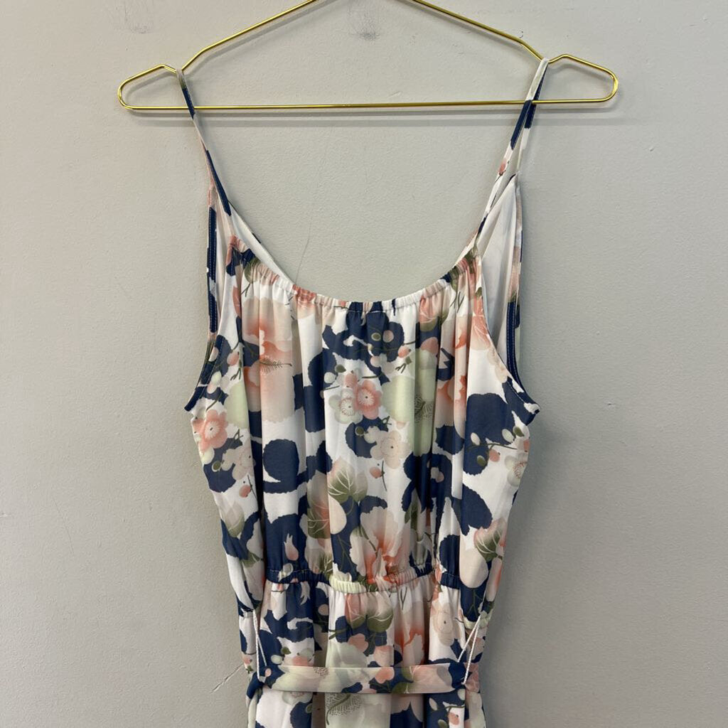 Loft Blue/ Multi Flower Print Tie Waist Maxi Dress Large