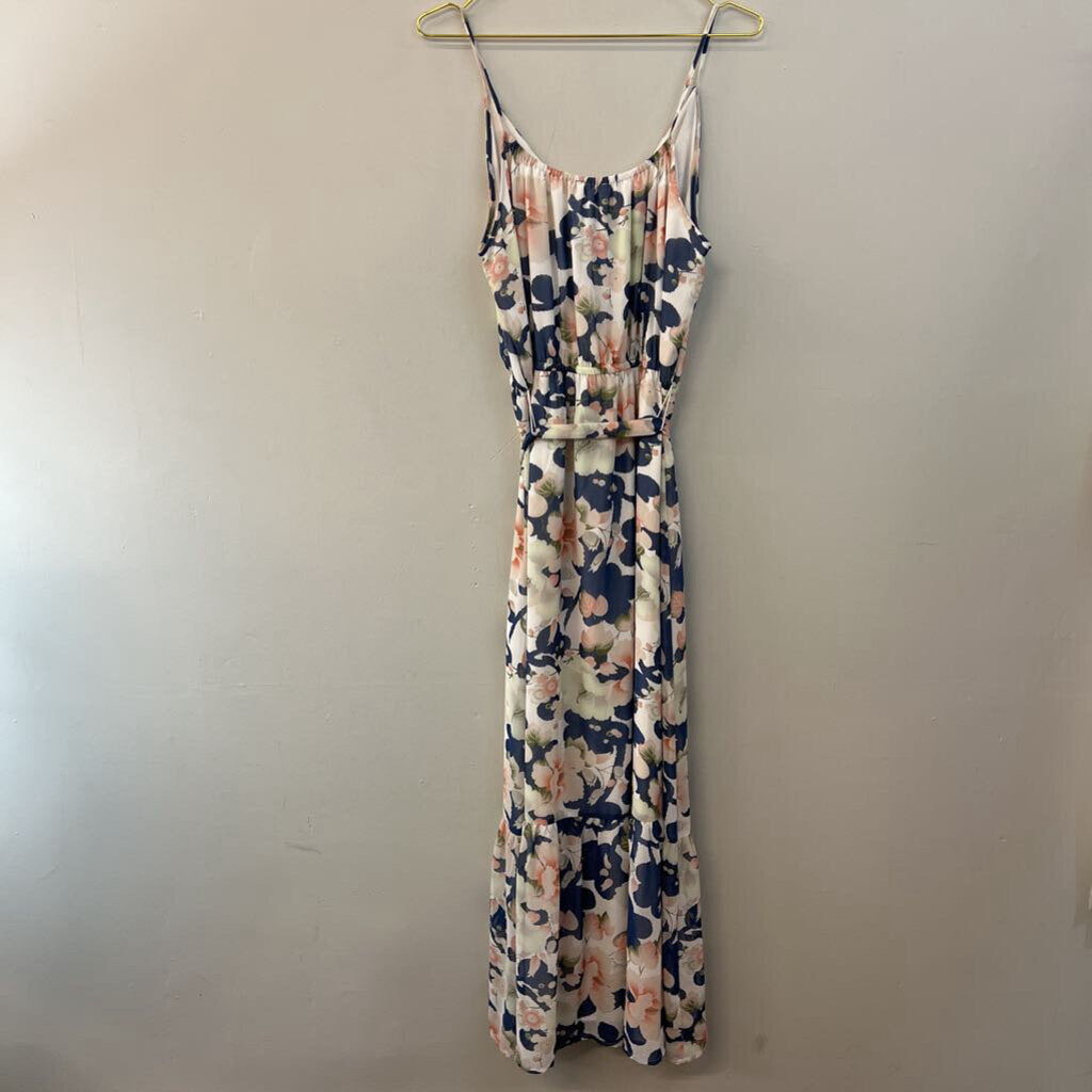 Loft Blue/ Multi Flower Print Tie Waist Maxi Dress Large