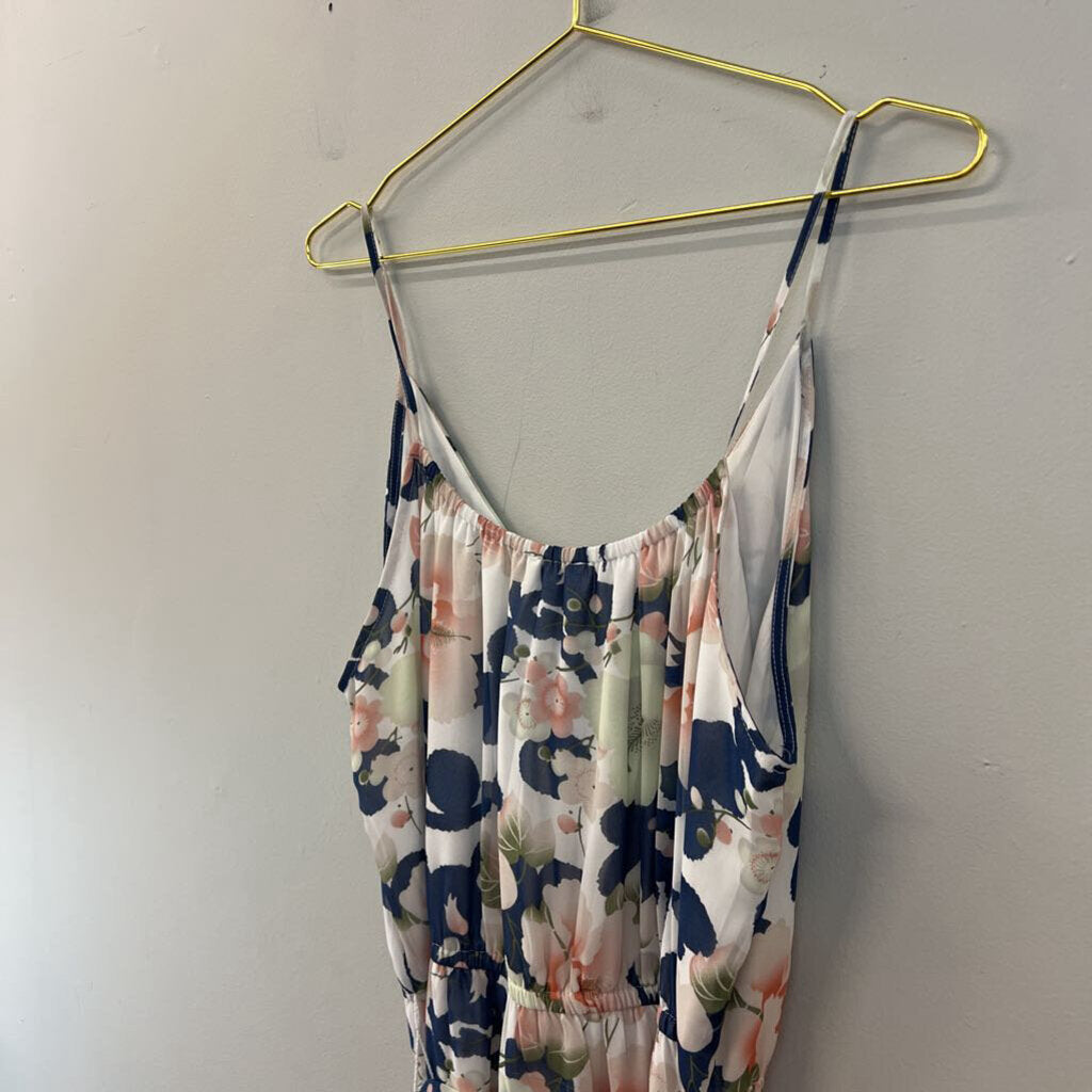 Loft Blue/ Multi Flower Print Tie Waist Maxi Dress Large