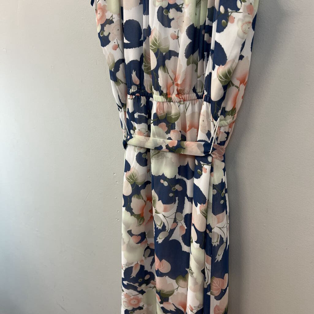 Loft Blue/ Multi Flower Print Tie Waist Maxi Dress Large