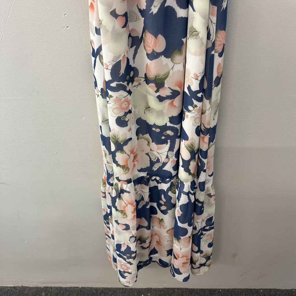 Loft Blue/ Multi Flower Print Tie Waist Maxi Dress Large