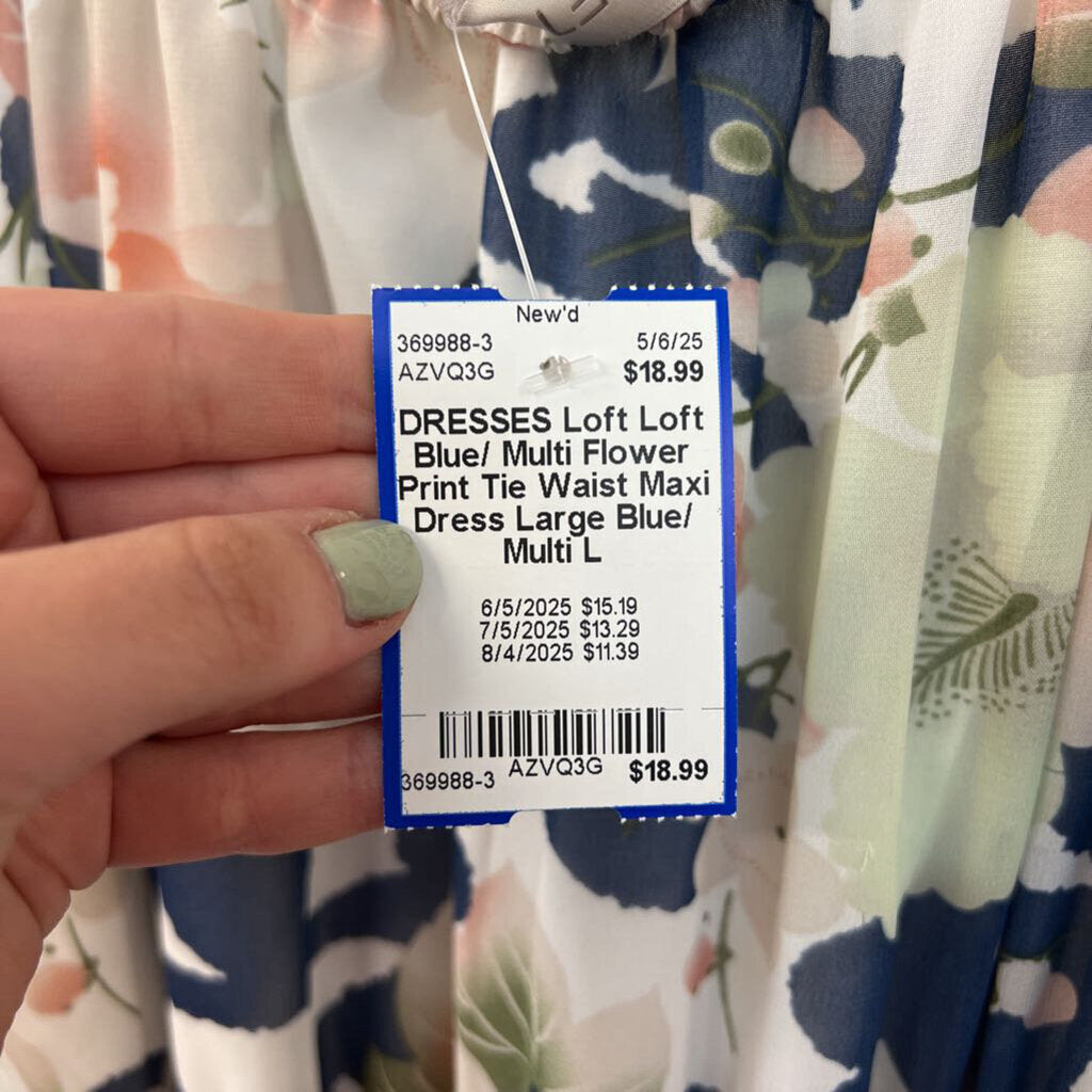 Loft Blue/ Multi Flower Print Tie Waist Maxi Dress Large