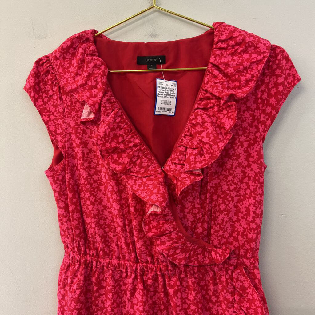 J Crew Red/ Pink Flower Print Ruffle Detail Short Sleeve Dress 4