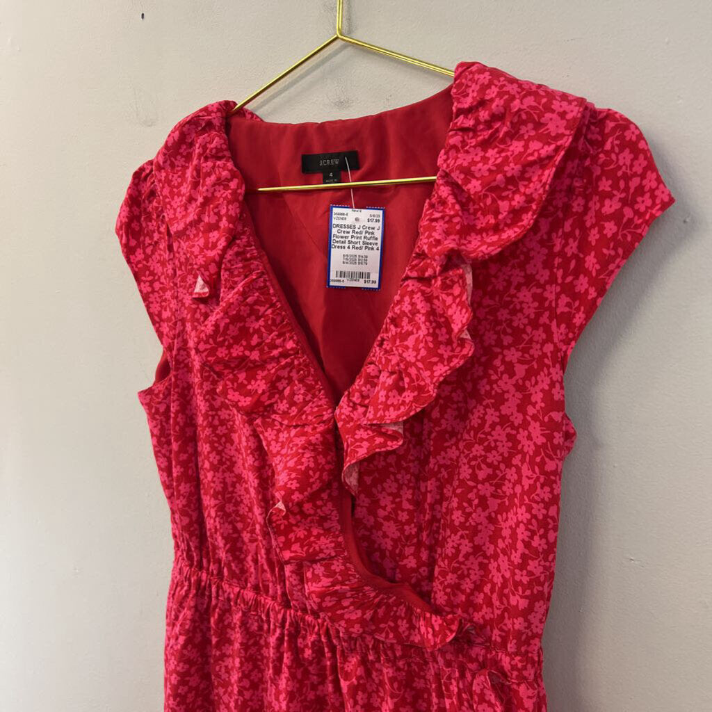 J Crew Red/ Pink Flower Print Ruffle Detail Short Sleeve Dress 4