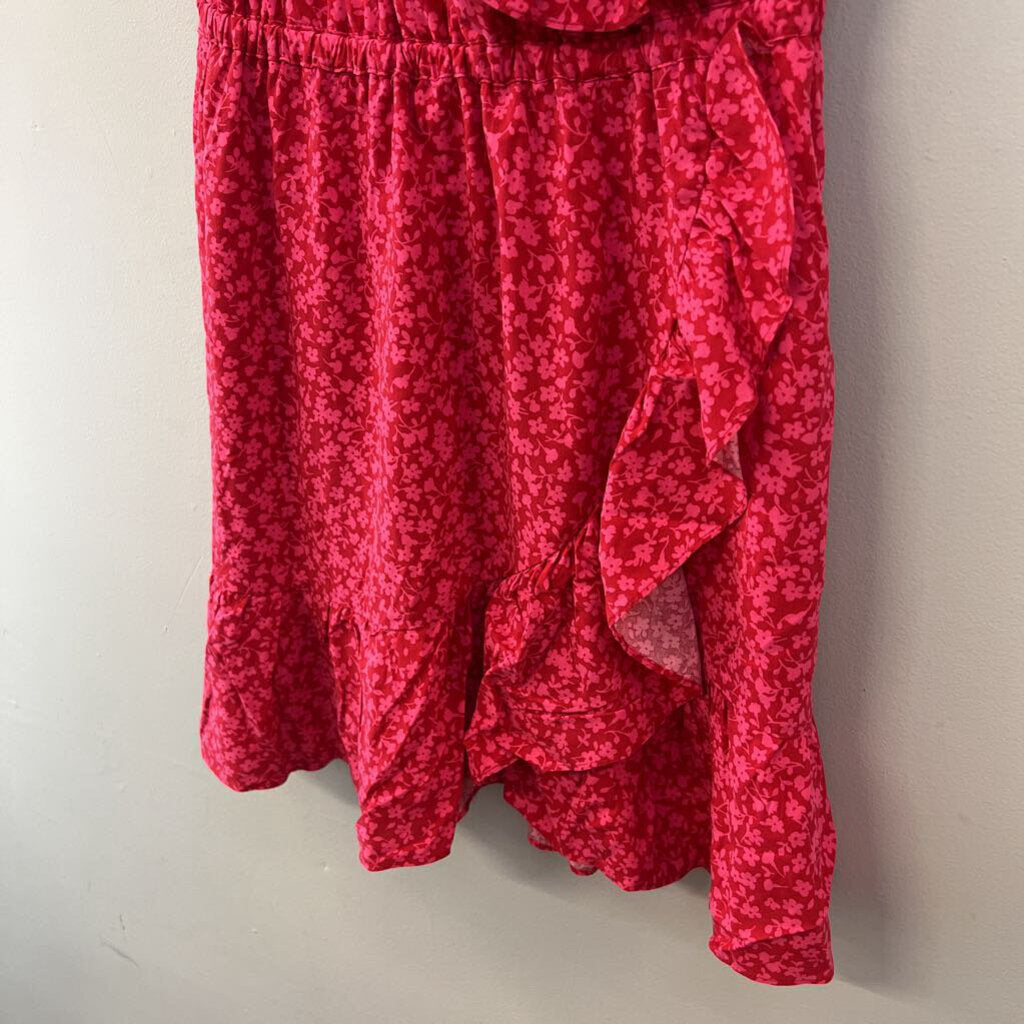 J Crew Red/ Pink Flower Print Ruffle Detail Short Sleeve Dress 4