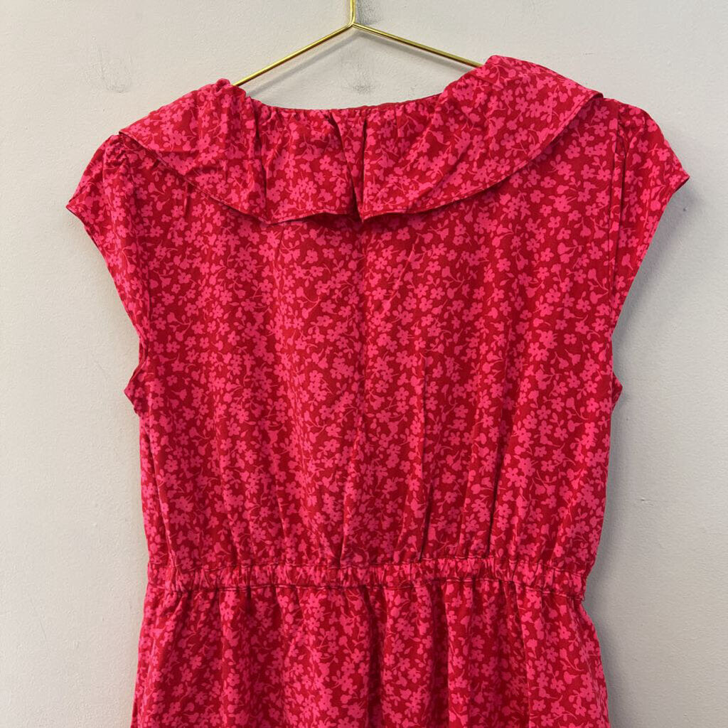 J Crew Red/ Pink Flower Print Ruffle Detail Short Sleeve Dress 4