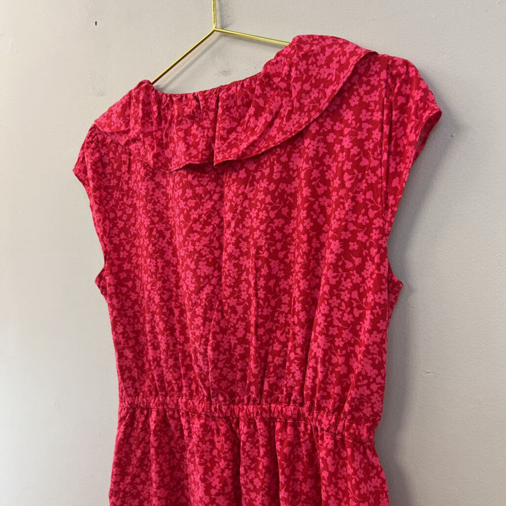 J Crew Red/ Pink Flower Print Ruffle Detail Short Sleeve Dress 4