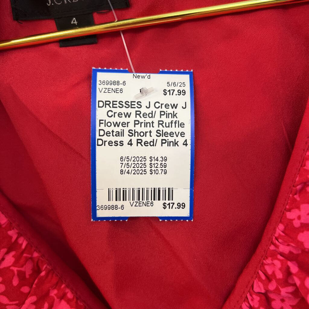 J Crew Red/ Pink Flower Print Ruffle Detail Short Sleeve Dress 4