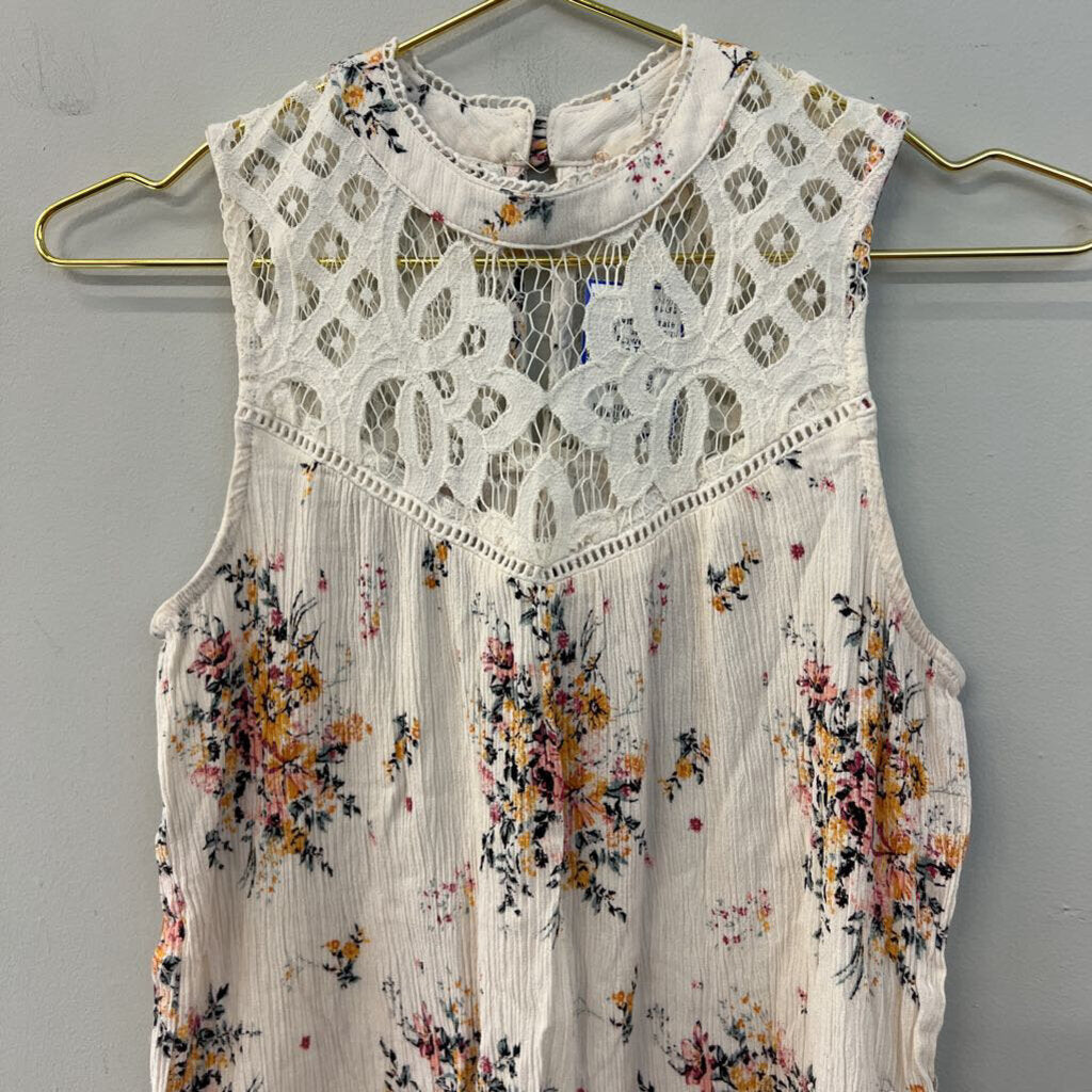 Altar'd State Cream/ Multi Flower Print Lace Top Tank Top Small