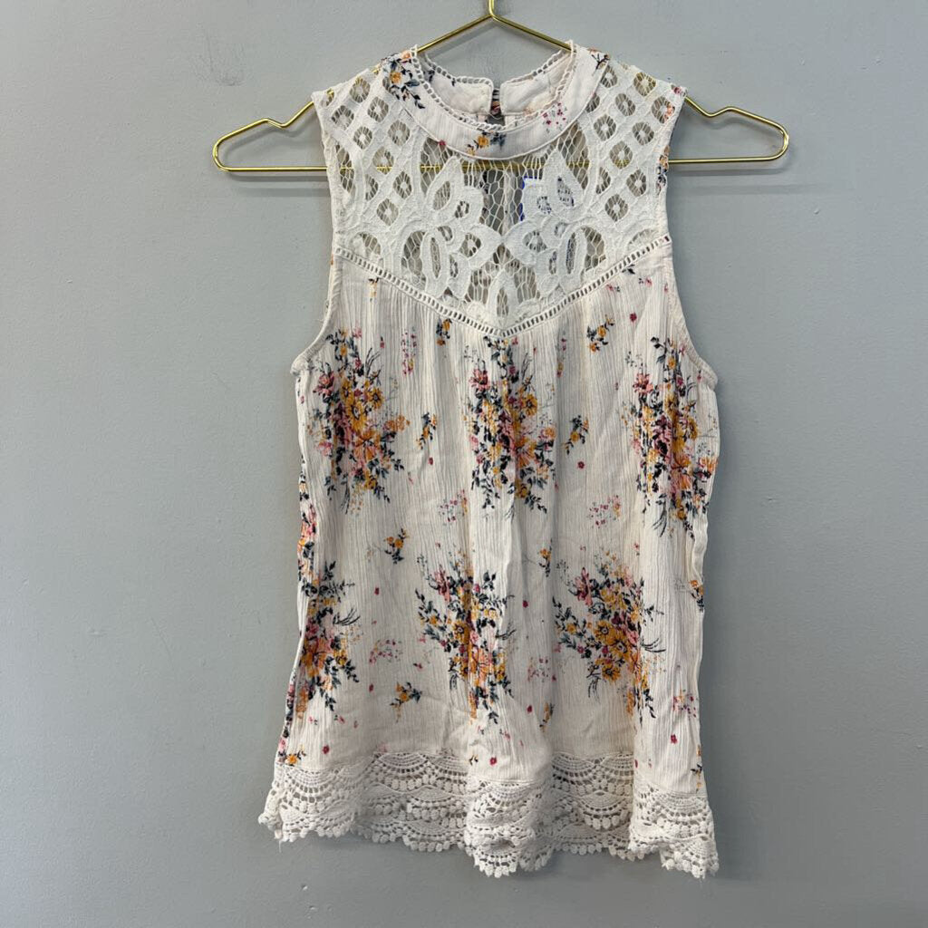 Altar'd State Cream/ Multi Flower Print Lace Top Tank Top Small
