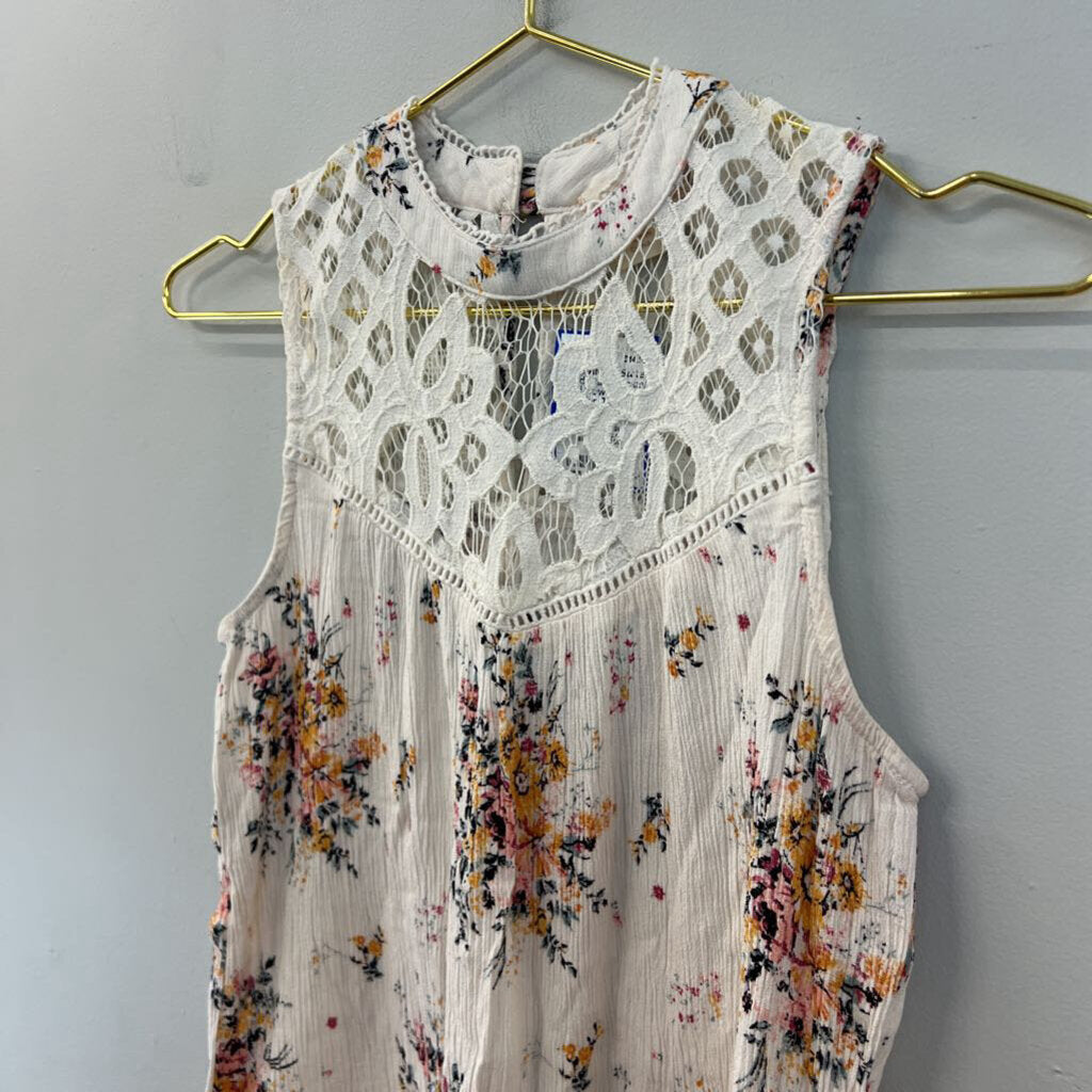 Altar'd State Cream/ Multi Flower Print Lace Top Tank Top Small