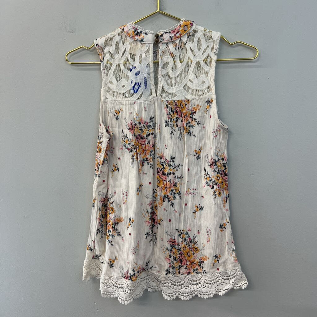 Altar'd State Cream/ Multi Flower Print Lace Top Tank Top Small