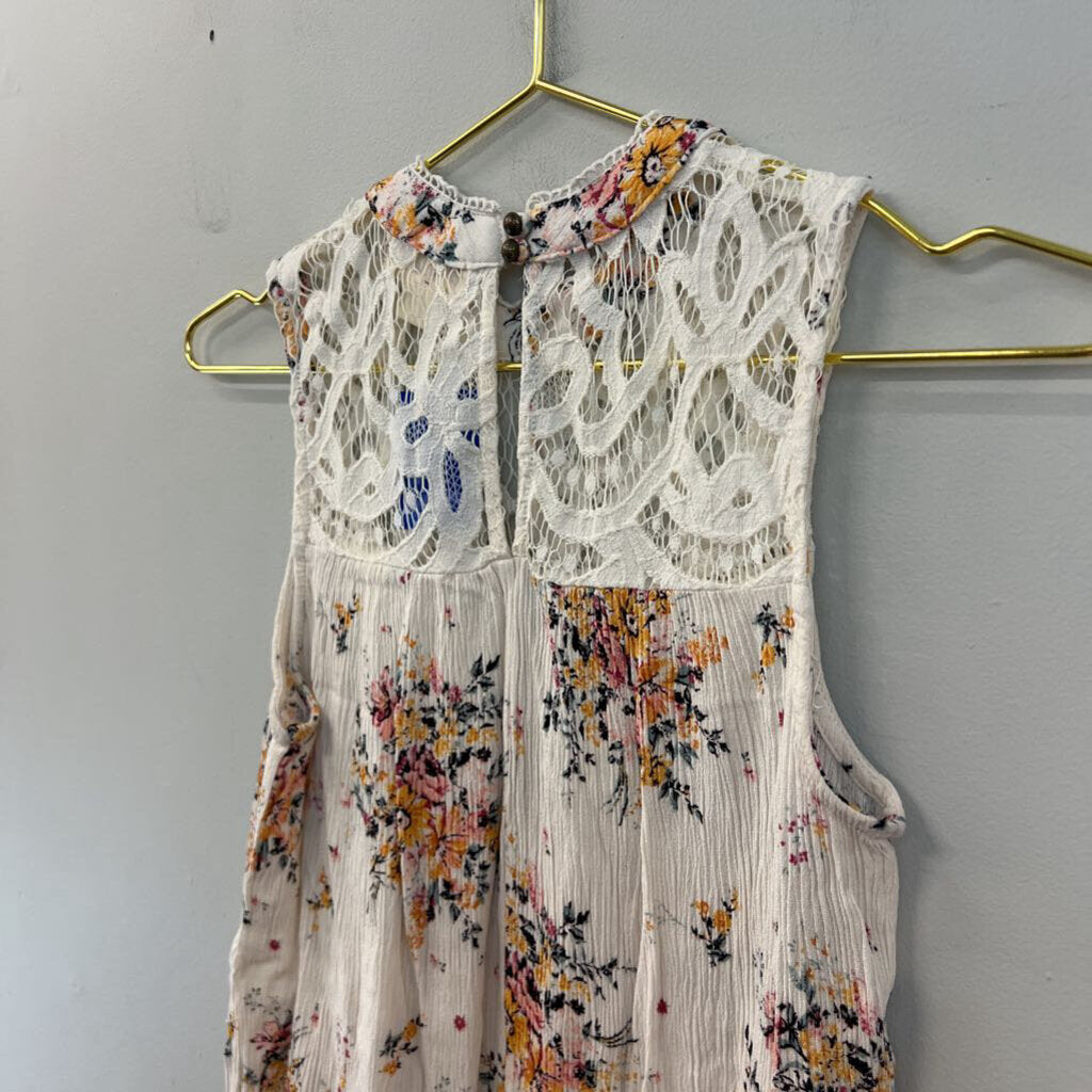 Altar'd State Cream/ Multi Flower Print Lace Top Tank Top Small